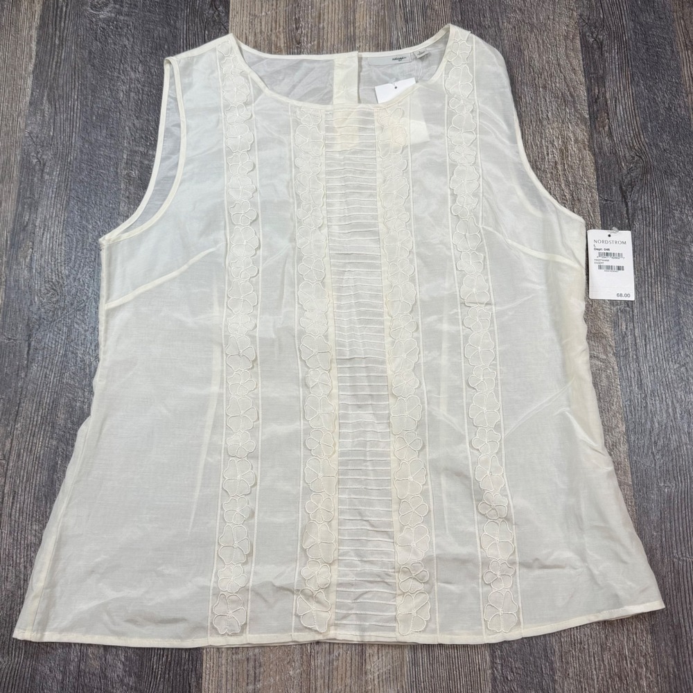 Halogen Womens Ivory Floral Embroidered Sheer Sleeveless Shell Top Size L NEW
